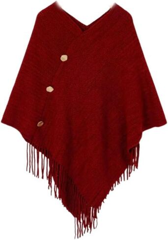 Women's Knitted Poncho Sweater V-Neck Button Pullover Cape with Tassels Cozy Shawl Wrap Cardigan Tops for Fall Winter in Saudi Arabia