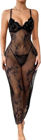 Hilinker Women's Sheer Lace Lingerie Dress Sexy Long See Through Mesh Chemise Nightgown with Thong in Saudi Arabia