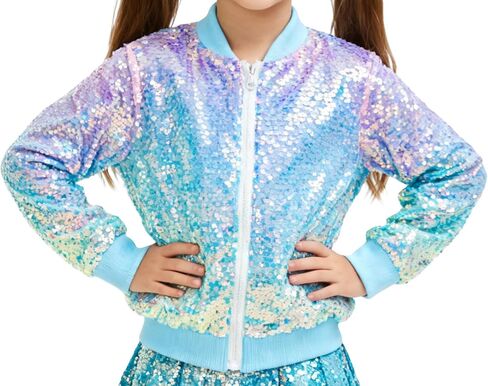 Girls Sequin Bomber Jacket Glitter Outwear Long Sleeve Zipper Jackets 5-12T in Saudi Arabia