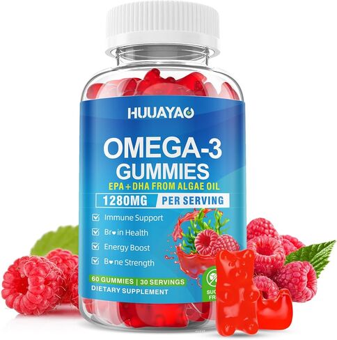 Vegan Omega-3 Gummies 1028mg, Omega 3 Fish Oil Alternative for Adults w/EPA 400mg & DHA 600mg & Vitamin A, C, E for Brain, Eye & Immune Health, Sugar Free, Raspberry Flavor, 60 Count in Saudi Arabia