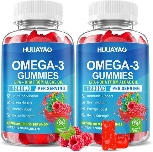 علكات نباتية أوميغا 3 1028 ملغ، بديل زيت السمك أوميغا 3 للبالغين مع EPA 400 ملغ وDHA 600 ملغ وفيتامين A وC وE لصحة الدماغ والعين والمناعة، خالي من السكر، نكهة التوت، 60 قطعة in Kuwait