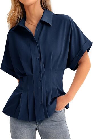 Cicy Bell Womens Pleated Button Down Blouse Summer Cuffed Short Sleeve Peplum Tops Casual Dressy Fitted Waist Shirts in Saudi Arabia