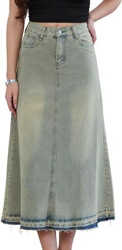 Allegra K Vintage Denim Maxi Skirt for Women's High Waist Wash Frayed Hem A Line Long Jean Skirt with Pockets in Saudi Arabia