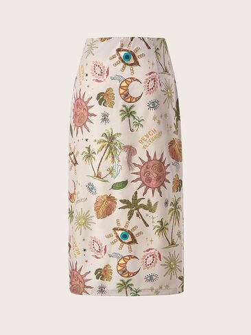 Women's Tropical Print Midi Skirt Boho Ruched Bodycon High Slit Skirts Beach Vacation Clothes in Saudi Arabia
