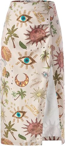 Women's Tropical Print Midi Skirt Boho Ruched Bodycon High Slit Skirts Beach Vacation Clothes in Saudi Arabia