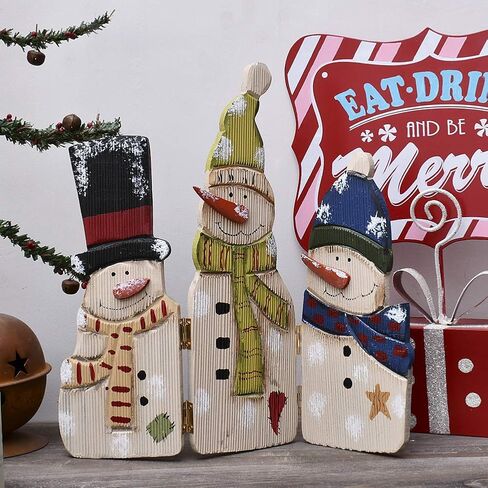 E-view Christmas Decorations Wood Snowman Sign Holiday Xmas Home Decor Wooden Folding Triple Snowmen Screen Rustic Decorative Ornaments for Table Top Fireplace (Snowman) in Saudi Arabia