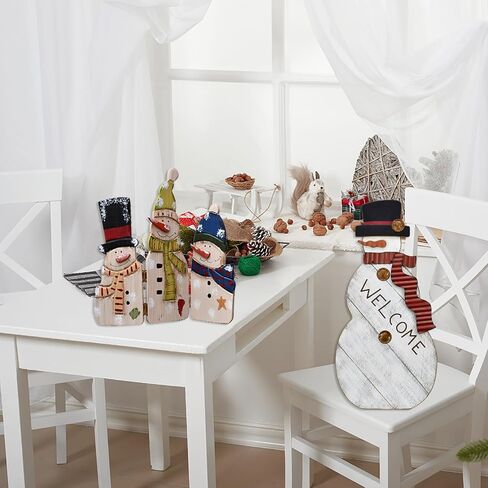 E-view Christmas Decorations Wood Snowman Sign Holiday Xmas Home Decor Wooden Folding Triple Snowmen Screen Rustic Decorative Ornaments for Table Top Fireplace (Snowman) in Saudi Arabia