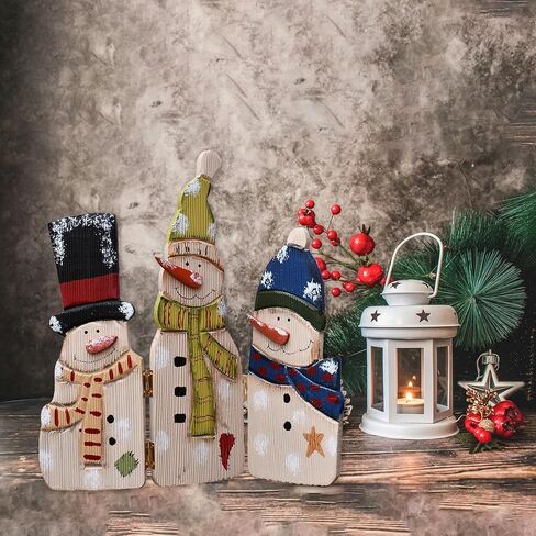 E-view Christmas Decorations Wood Snowman Sign Holiday Xmas Home Decor Wooden Folding Triple Snowmen Screen Rustic Decorative Ornaments for Table Top Fireplace (Snowman) in Saudi Arabia