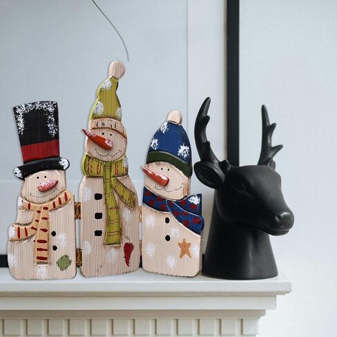 E-view Christmas Decorations Wood Snowman Sign Holiday Xmas Home Decor Wooden Folding Triple Snowmen Screen Rustic Decorative Ornaments for Table Top Fireplace (Snowman) in Saudi Arabia