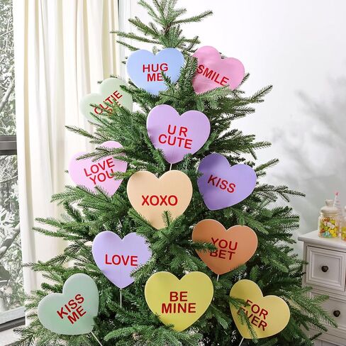 Valentine's Day Decorations Tree Ornaments: 12 pcs Large Candy Heart San Tree Decorations, Cute Sweet Conversation Hearts Picks Ornaments for Valentine's Day Tree Topper Home Wedding Décor in Saudi Arabia