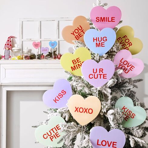 Valentine's Day Decorations Tree Ornaments: 12 pcs Large Candy Heart San Tree Decorations, Cute Sweet Conversation Hearts Picks Ornaments for Valentine's Day Tree Topper Home Wedding Décor in Saudi Arabia