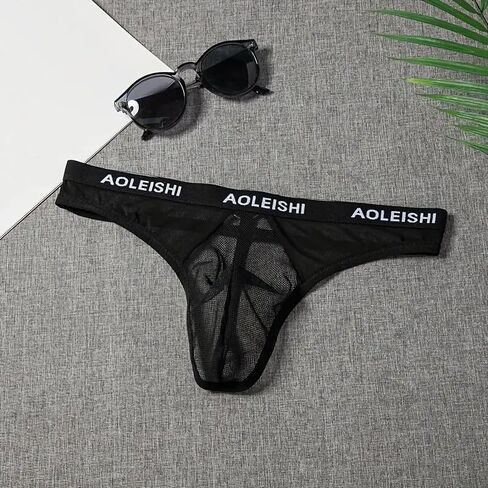 Breathable Thin Style Sexy Men's Low-Waist Transparent Mesh Underwear, Invisible U-Shaped Triangle Thong - Suitable for Sizes S-M, Weight - Black in Saudi Arabia