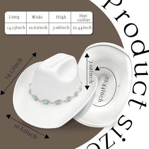 Western Cowboy Hat for Women Men Classic Felt Cowgirl Hat with Turquoise Silver Chain Band Wide Brim, Fits Most Adult Sizes in Kuwait