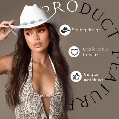 Western Cowboy Hat for Women Men Classic Felt Cowgirl Hat with Turquoise Silver Chain Band Wide Brim, Fits Most Adult Sizes in Kuwait