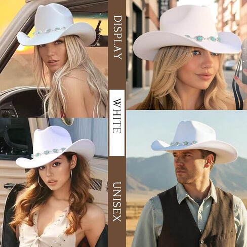 Western Cowboy Hat for Women Men Classic Felt Cowgirl Hat with Turquoise Silver Chain Band Wide Brim, Fits Most Adult Sizes in Kuwait