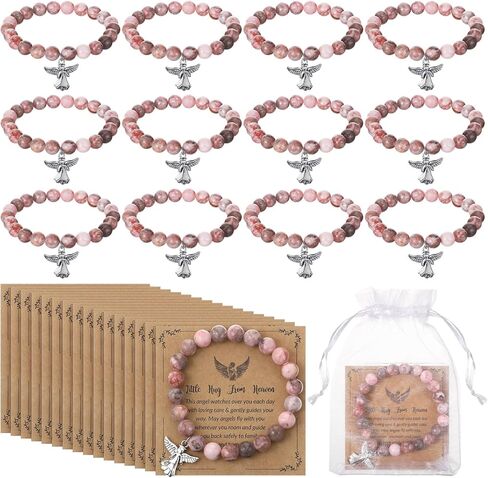 Quelay 12 Set Angel Bracelet Christmas Gifts with Greeting Card and Organza Bag Inspirational Pink Natural Stone Bracelets Encouragement Spiritual Jewelry Gifts for Women Xmas Faith Birthday Memorial in Saudi Arabia