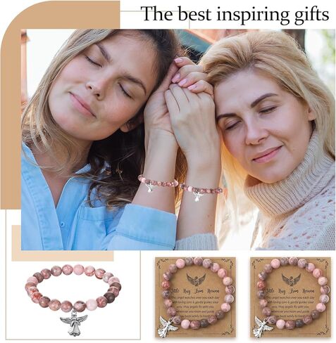 Quelay 12 Set Angel Bracelet Christmas Gifts with Greeting Card and Organza Bag Inspirational Pink Natural Stone Bracelets Encouragement Spiritual Jewelry Gifts for Women Xmas Faith Birthday Memorial in Saudi Arabia
