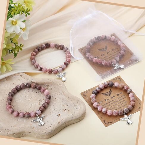 Quelay 12 Set Angel Bracelet Christmas Gifts with Greeting Card and Organza Bag Inspirational Pink Natural Stone Bracelets Encouragement Spiritual Jewelry Gifts for Women Xmas Faith Birthday Memorial in Saudi Arabia