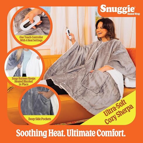 غلاف دافئ Snuggie - بطانية كهربائية قابلة للتدفئة مع 4 إعدادات للحرارة، إيقاف تلقائي، 50 بوصة × 60 بوصة، قابلة للغسل في الغسالة، دافئة، مريحة، شيربا فائقة النعومة، شال عملي للبالغين - رمادي in Saudi Arabia