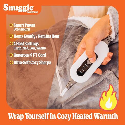 غلاف دافئ Snuggie - بطانية كهربائية قابلة للتدفئة مع 4 إعدادات للحرارة، إيقاف تلقائي، 50 بوصة × 60 بوصة، قابلة للغسل في الغسالة، دافئة، مريحة، شيربا فائقة النعومة، شال عملي للبالغين - رمادي in Saudi Arabia