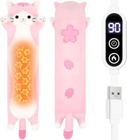 وسادة تدفئة قطة ساكورا - USB حيوانات محشوة قطيفة لتشنجات الفترة وتخفيف آلام الدورة الشهرية، وسادات تدفئة كهربائية محمولة مقاس 22 بوصة، جيب مدمج من القطيفة هدايا عيد ميلاد للفتيات، وردي in Kuwait