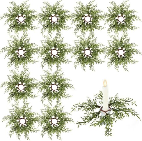 12 Pack Christmas Pine Taper Candle Rings Wreaths Decorations 1.38 Inch Mini Pine Taper Candle Holder Wreaths for Xmas Holiday Church Home Table Centerpiece Candlesticks Decor in Saudi Arabia