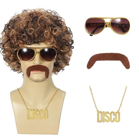 Disco Wig 5Pcs Set (Wig+ Glasses+ Necklace+ Mustache+ Wig Cap) 70'S Costumes Wig Afro Wig Men Short Curly Natural Fluffy Synthetic hair Wig for Halloween Disco Party (Style-B) in Saudi Arabia