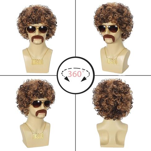 Disco Wig 5Pcs Set (Wig+ Glasses+ Necklace+ Mustache+ Wig Cap) 70'S Costumes Wig Afro Wig Men Short Curly Natural Fluffy Synthetic hair Wig for Halloween Disco Party (Style-B) in Saudi Arabia