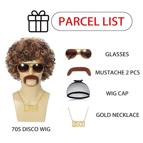 Disco Wig 5Pcs Set (Wig+ Glasses+ Necklace+ Mustache+ Wig Cap) 70'S Costumes Wig Afro Wig Men Short Curly Natural Fluffy Synthetic hair Wig for Halloween Disco Party (Style-B) in Saudi Arabia