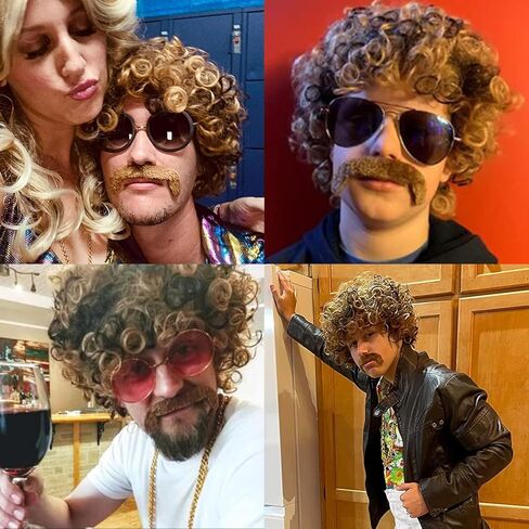 Disco Wig 5Pcs Set (Wig+ Glasses+ Necklace+ Mustache+ Wig Cap) 70'S Costumes Wig Afro Wig Men Short Curly Natural Fluffy Synthetic hair Wig for Halloween Disco Party (Style-B) in Saudi Arabia