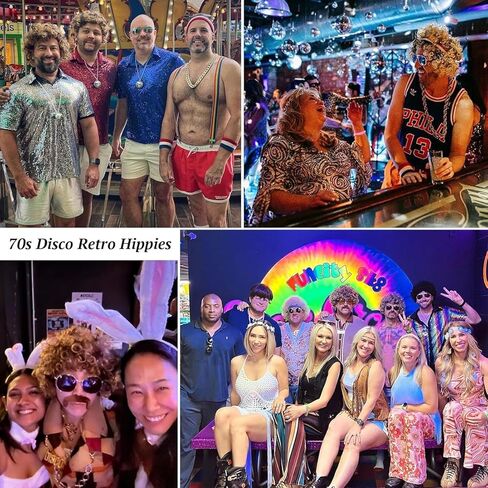 Disco Wig 5Pcs Set (Wig+ Glasses+ Necklace+ Mustache+ Wig Cap) 70'S Costumes Wig Afro Wig Men Short Curly Natural Fluffy Synthetic hair Wig for Halloween Disco Party (Style-B) in Saudi Arabia