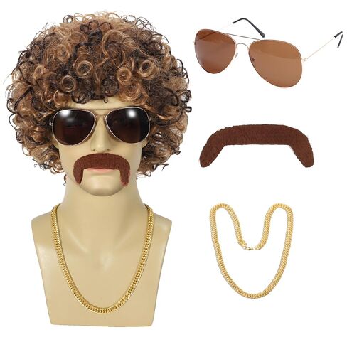 Disco Wig 5Pcs Set (Wig+ Glasses+ Necklace+ Mustache+ Wig Cap) 70'S Costumes Wig Afro Wig Men Short Curly Natural Fluffy Synthetic hair Wig for Halloween Disco Party (Style-B) in Saudi Arabia