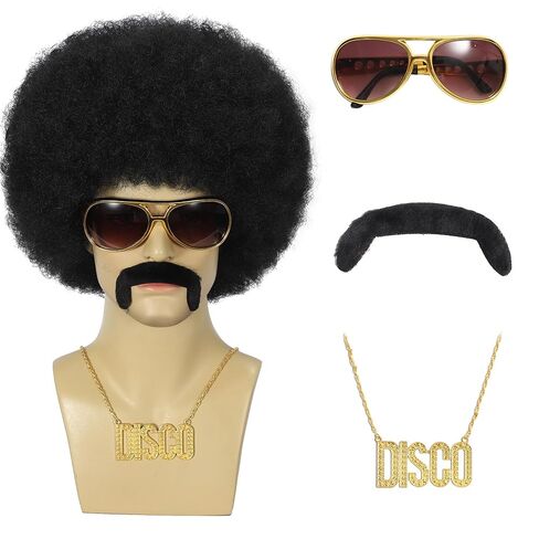 Disco Wig 5Pcs Set (Wig+ Glasses+ Necklace+ Mustache+ Wig Cap) 70'S Costumes Wig Afro Wig Men Short Curly Natural Fluffy Synthetic hair Wig for Halloween Disco Party (Style-B) in Saudi Arabia