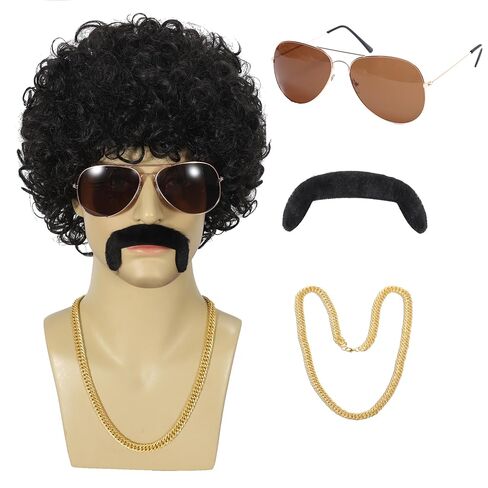 Disco Wig 5Pcs Set (Wig+ Glasses+ Necklace+ Mustache+ Wig Cap) 70'S Costumes Wig Afro Wig Men Short Curly Natural Fluffy Synthetic hair Wig for Halloween Disco Party (Style-B) in Saudi Arabia