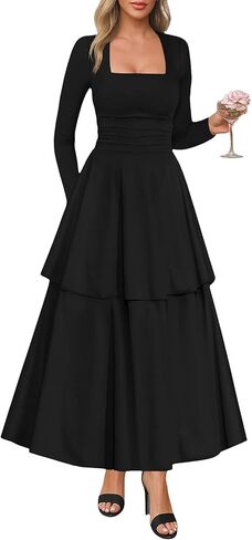 Lazysmile Women's Long Sleeve Fall Dresses Square Neck Ruched Waist Ruffle Hem Flowy Elegant Modest Boho Casual Maxi Dress in Saudi Arabia