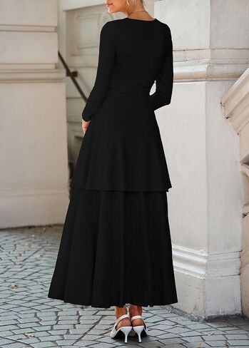 Lazysmile Women's Long Sleeve Fall Dresses Square Neck Ruched Waist Ruffle Hem Flowy Elegant Modest Boho Casual Maxi Dress in Saudi Arabia