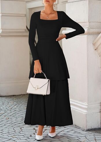 Lazysmile Women's Long Sleeve Fall Dresses Square Neck Ruched Waist Ruffle Hem Flowy Elegant Modest Boho Casual Maxi Dress in Saudi Arabia