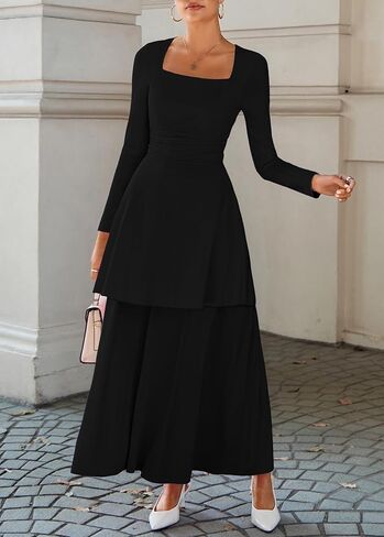 Lazysmile Women's Long Sleeve Fall Dresses Square Neck Ruched Waist Ruffle Hem Flowy Elegant Modest Boho Casual Maxi Dress in Saudi Arabia