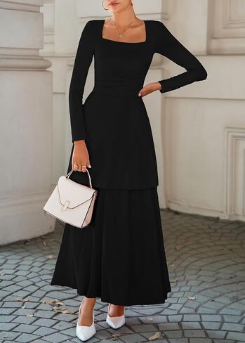 Lazysmile Women's Long Sleeve Fall Dresses Square Neck Ruched Waist Ruffle Hem Flowy Elegant Modest Boho Casual Maxi Dress in Saudi Arabia