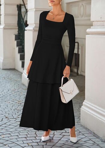 Lazysmile Women's Long Sleeve Fall Dresses Square Neck Ruched Waist Ruffle Hem Flowy Elegant Modest Boho Casual Maxi Dress in Saudi Arabia