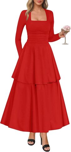 Lazysmile Women's Long Sleeve Fall Dresses Square Neck Ruched Waist Ruffle Hem Flowy Elegant Modest Boho Casual Maxi Dress in Saudi Arabia