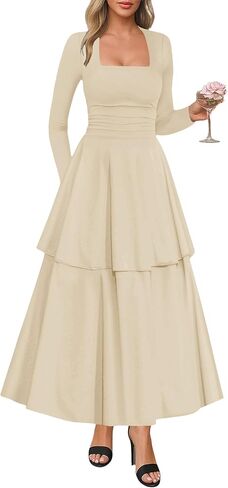 Lazysmile Women's Long Sleeve Fall Dresses Square Neck Ruched Waist Ruffle Hem Flowy Elegant Modest Boho Casual Maxi Dress in Saudi Arabia
