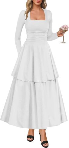Lazysmile Women's Long Sleeve Fall Dresses Square Neck Ruched Waist Ruffle Hem Flowy Elegant Modest Boho Casual Maxi Dress in Saudi Arabia