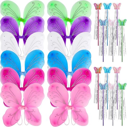 12 Pcs Butterfly Fairy Wings, Princess Wings with 12 Fairy Wands, Costume Wings with Elastic Straps & Shimmering Patterns in Saudi Arabia