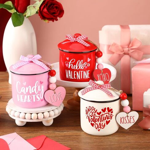nitial 3 قطع عيد الحب علبة متدرجة الديكور علبة السيراميك عيد الحب وعاء حامل الحلوى مع الجاموس منقوشة Bowknot جرة ديكور ديكور لطاولة المزرعة المنزل in Kuwait