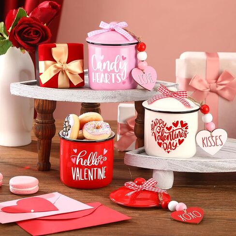 nitial 3 قطع عيد الحب علبة متدرجة الديكور علبة السيراميك عيد الحب وعاء حامل الحلوى مع الجاموس منقوشة Bowknot جرة ديكور ديكور لطاولة المزرعة المنزل in Kuwait