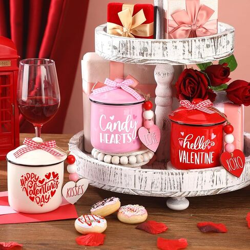 nitial 3 قطع عيد الحب علبة متدرجة الديكور علبة السيراميك عيد الحب وعاء حامل الحلوى مع الجاموس منقوشة Bowknot جرة ديكور ديكور لطاولة المزرعة المنزل in Kuwait