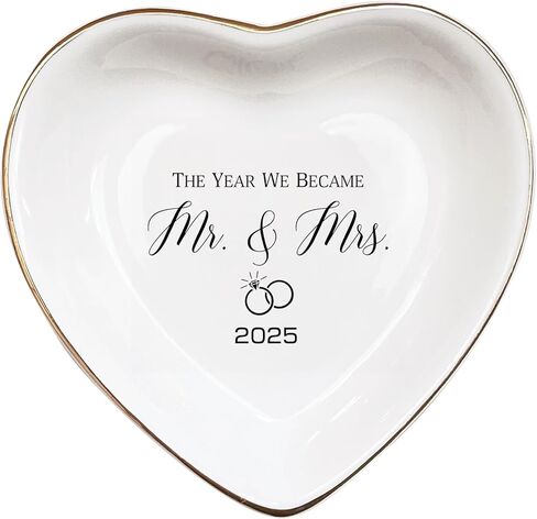 Ceramic Ring Dish for Wedding Anniversary - Mr & Mrs EST 2025 Jewelry Tray, Elegant Keepsake Gift for Couples, Ceramic Valet Tray for Jewelry Storage in Saudi Arabia