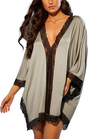 ZAFUL Nightgowns for Women Sexy Deep V Neck Lace Trim Pajama Nightdress Batwing Sleeve Pullovers Sleepwear in Saudi Arabia