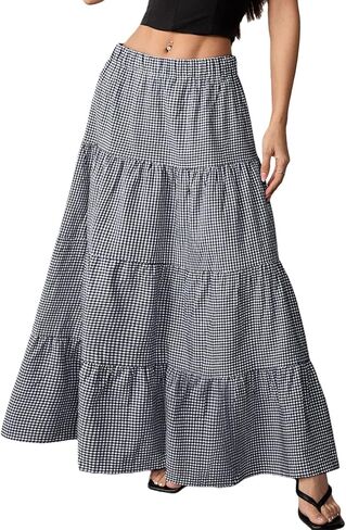 TITOMD Women's Gingham Maxi Skirt A Line Ruffle Tiered Long Plaid Skirts Elastic Waist Flowy Y2K Checkered Skirt in Saudi Arabia
